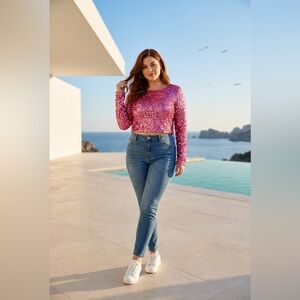 Women’s plus size bright pink sequin Crop jacket size 3x Good American $179